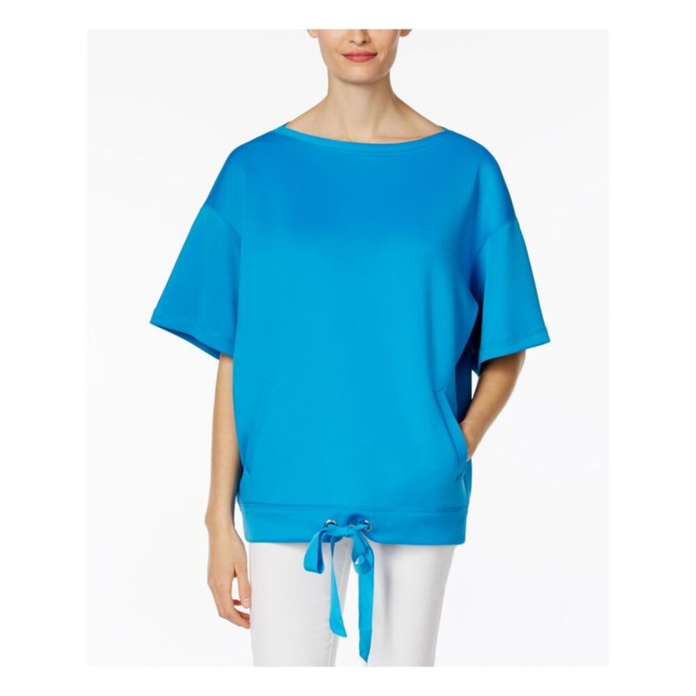ANNE KLEIN Womens Blue Tie Pocketed Short Sleeve Jewel Neck Top Size: S